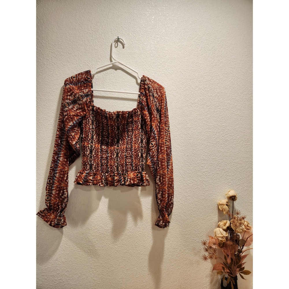 Leyden Smocked Top Long Sleeve Blouse Square Neck Boho‎ Chic XS